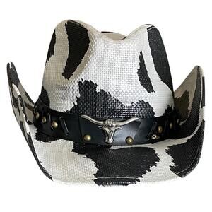Fluffy Sense Cow Print Straw Cowboy Cowgirl Hat Bull Head Adjustable